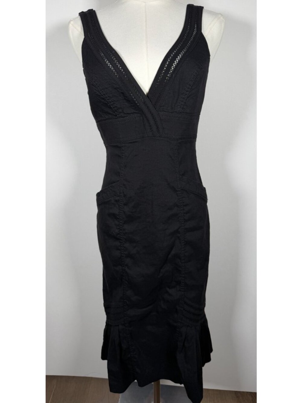 Vintage Y2K BEBE black linen stretch babydoll fishtail glam cocktail dress 6